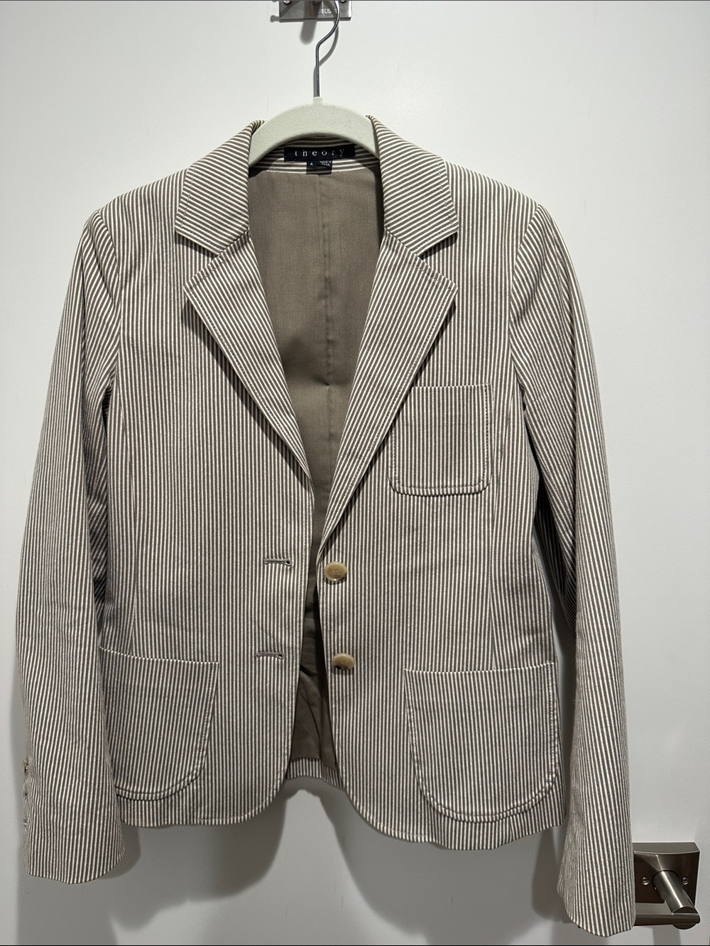 Theory Pinstripe Cotton Blazer - Tan & White
